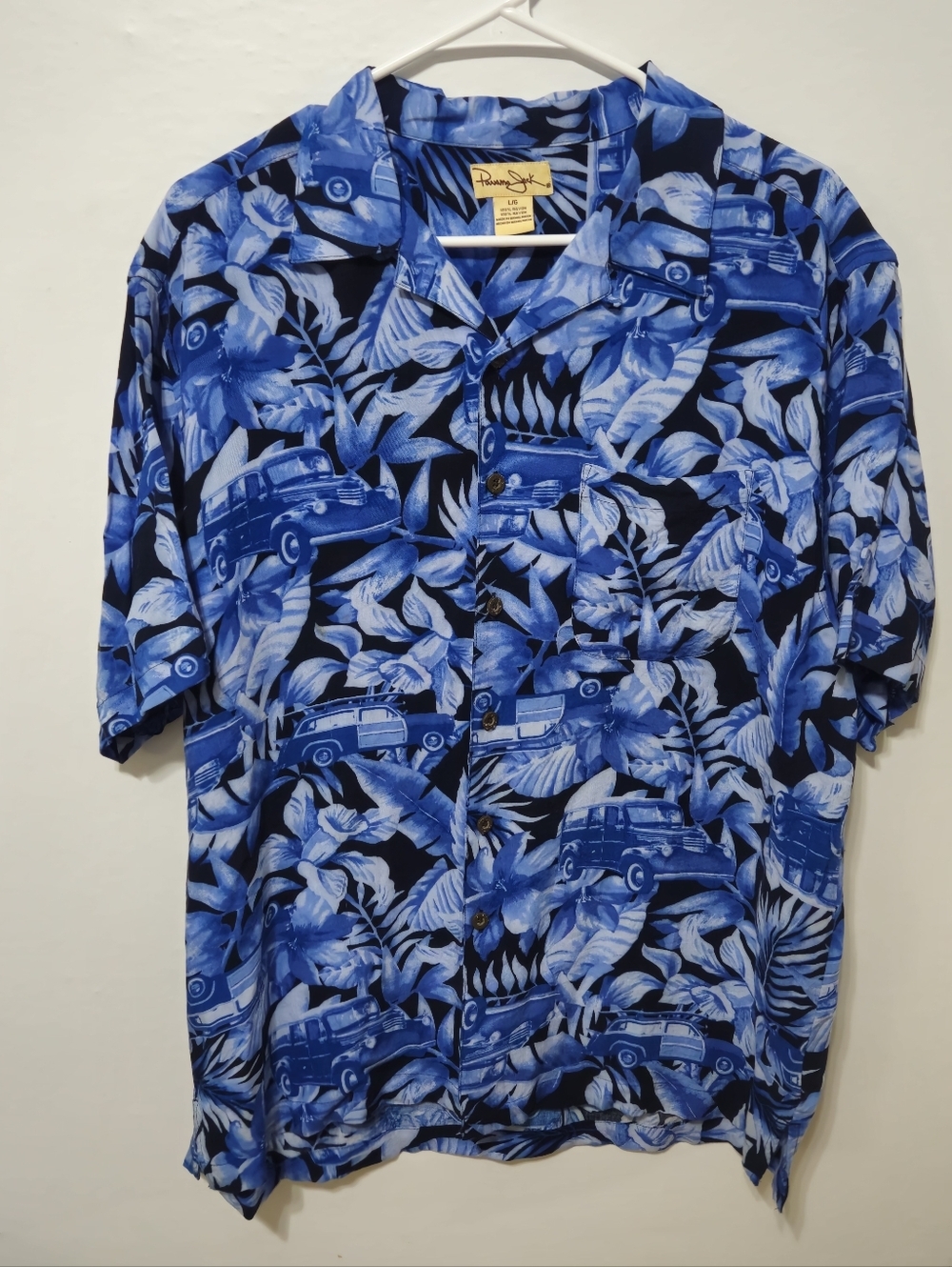 Panama Jack Hawaiian Blue Tropical Button Up Short Sleeve Shirt Cars Men’s Large